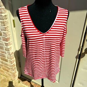 Market & Spruce, Cold Shoulder, Striped, Red & White, Blouse, Size L